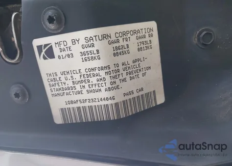 2003 Saturn Ion 1 z USA, uszkodzony, nr VIN 1G8AF52F23Z144046